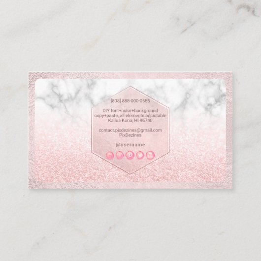 PixDezines Glam Imitate Glitzer, Rosa Farbe+Marmor Visitenkarte (Rückseite)
