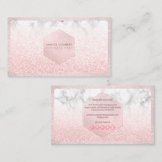 PixDezines Glam Imitate Glitzer, Rosa Farbe+Marmor Visitenkarte (Vorne/Hinten)