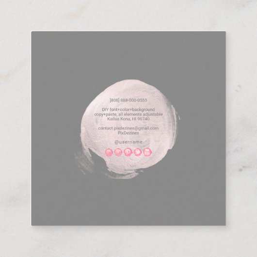 PixDezines Glam Monogram Black+Blush Pink Spot Quadratische Visitenkarte (Rückseite)