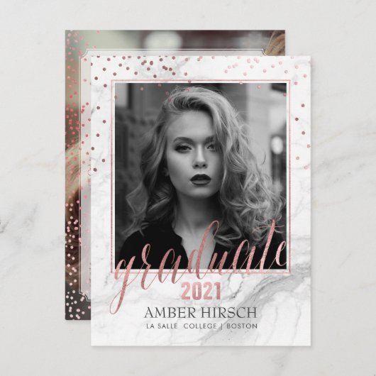 PixDezines Graduate Foto/Marmor+Rose Gold Ankündigungspostkarte (Vorne/Hinten)
