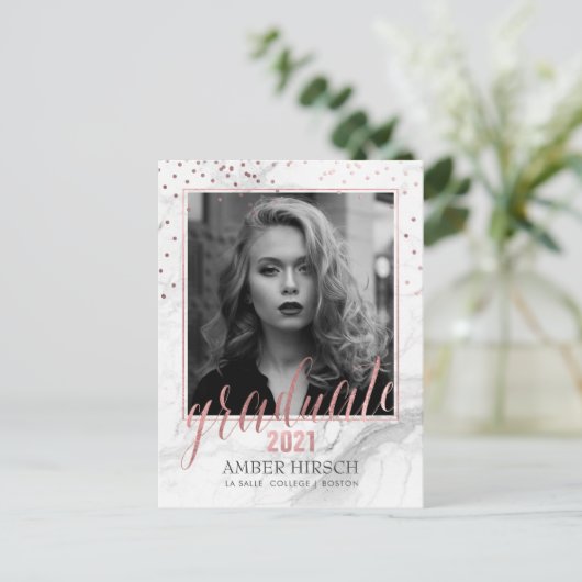 PixDezines Graduate Foto/Marmor+Rose Gold Ankündigungspostkarte (Stehend Vorderseite)