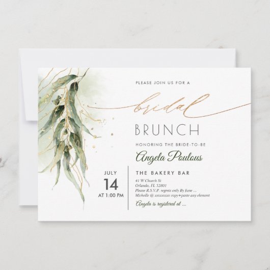 PixDezines Green Gold Eucalyptus Bridal Brunch Einladung (Vorderseite)