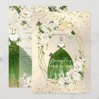 PixDezines Green Quinceanera H2 Alabaster Rose Einladung