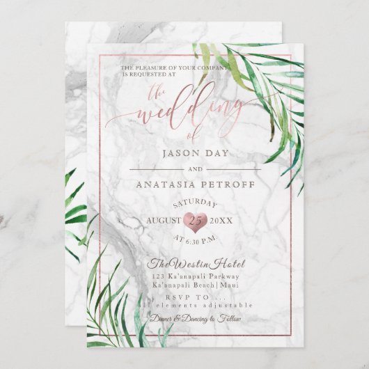 PixDezines Grünflächen Palmen+Marmor+Rose Goldenes Einladung (Vorne/Hinten)