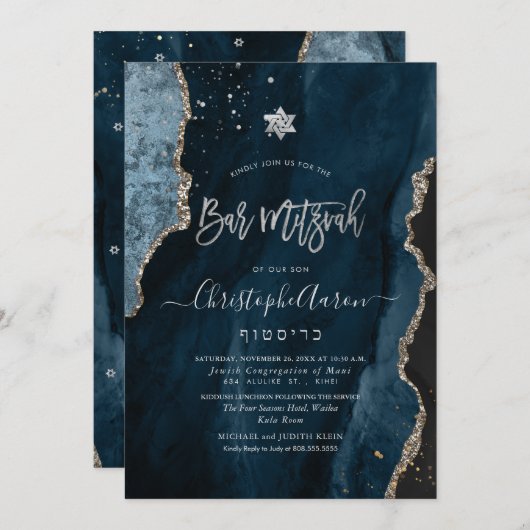 PixDezines H2 Agate, Slate Blue Silver Mitzvah Einladung (Vorne/Hinten)