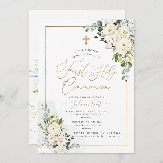PixDezines H2 Alabaster Rose Erste Heilige Kommune Einladung (Vorne/Hinten)