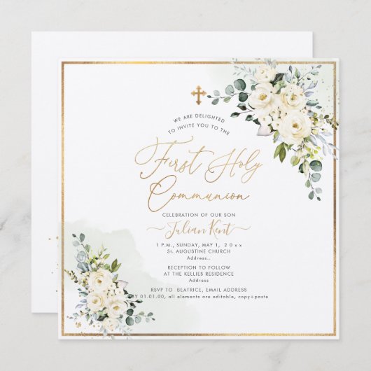 PixDezines H2 Alabaster Rose Erste Heilige Kommune Einladung (Vorne/Hinten)