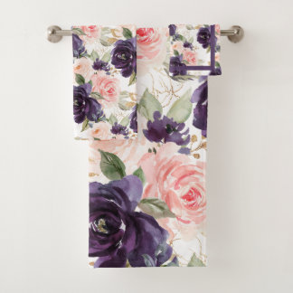 PixDezines H2 Aubergine und Blush Pink Rosen   Badhandtuch Set