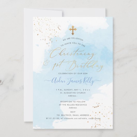 PixDezines H2 Blue Christening+1. Geburtstag Einladung (Vorderseite)