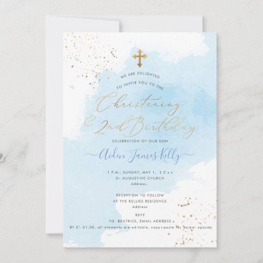 PixDezines H2 Blue Christening+2. Geburtstag Einladung (Vorderseite)