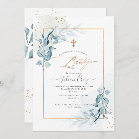 PixDezines H2 Blue Gum Eucalyptus Bautizo Einladung (Vorne/Hinten)