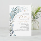 PixDezines H2 Blue Gum Eucalyptus Christening Einladung (Stehend Vorderseite)
