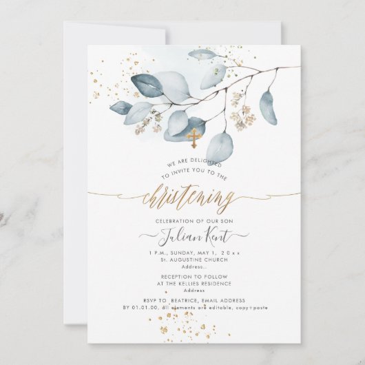 PixDezines H2 Blue Gum Eucalyptus Christening Einladung (Vorderseite)