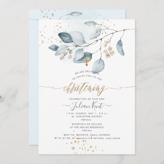 PixDezines H2 Blue Gum Eucalyptus Christening Einladung (Vorne/Hinten)