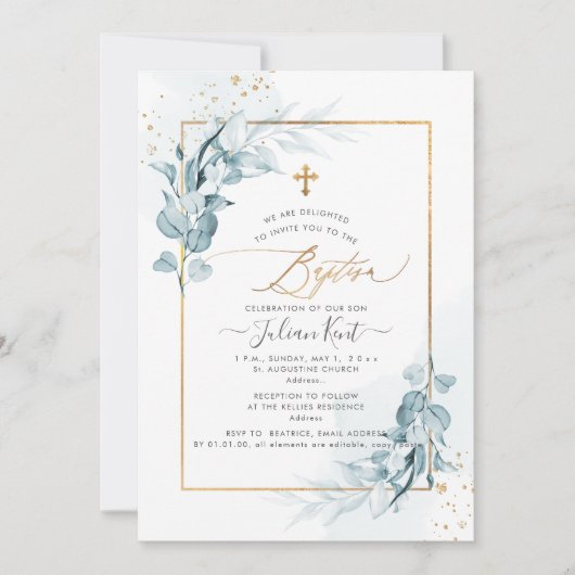 PixDezines H2 Blue Gum Eukalyptus Taufe Einladung (Vorderseite)