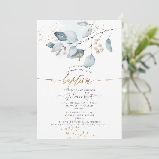 PixDezines H2 Blue Gum Eukalyptus Taufe Einladung (Stehend Vorderseite)