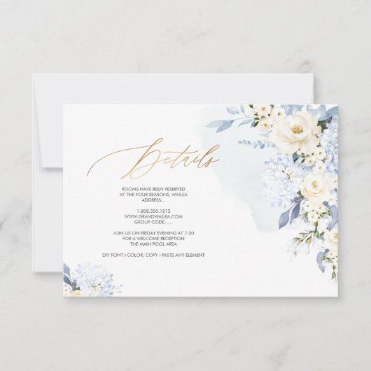 PixDezines H2 Blue Hydrangeas Creme Rose DETAILS Einladung (Vorderseite)