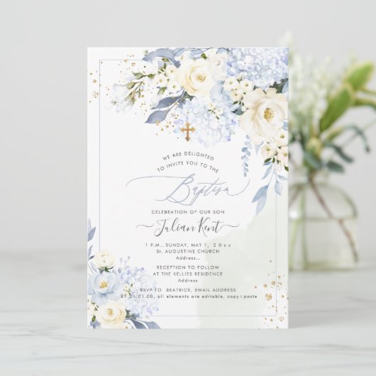 PixDezines H2 Blue Hydrangeas Creme Rose Taufen Einladung (Stehend Vorderseite)