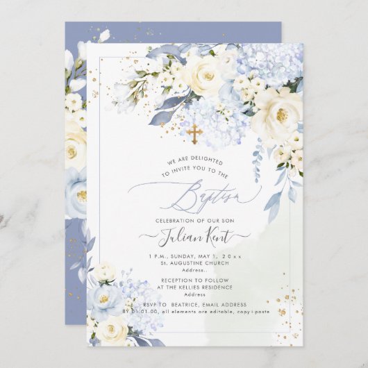 PixDezines H2 Blue Hydrangeas Creme Rose Taufen Einladung (Vorne/Hinten)