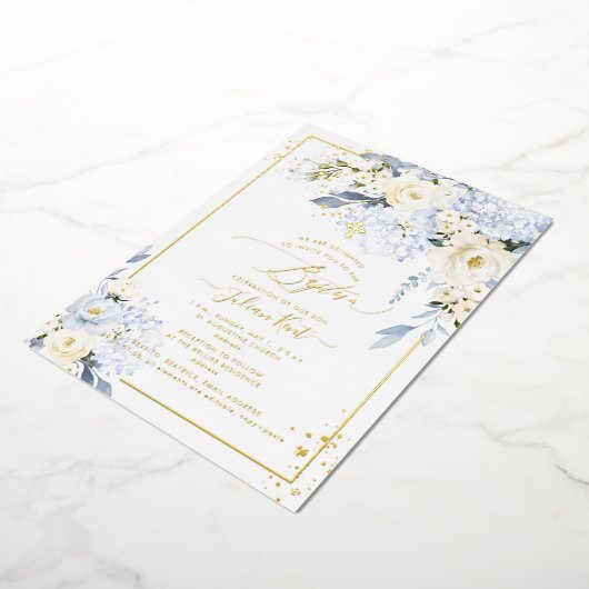 PixDezines H2 Blue Hydrangeas Creme Rose Taufen Folieneinladung (Gedreht)