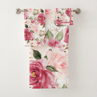 PixDezines H2 Blumen Himbeer-Rosa Rosen   Badhandtuch Set