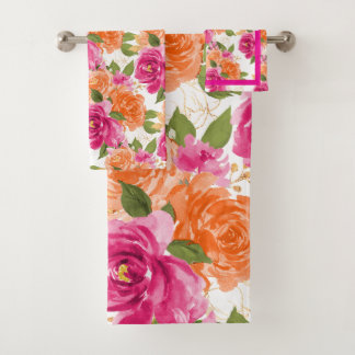 PixDezines H2 Blumen Orange Hot Pink Rosen Badhandtuch Set
