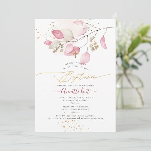 PixDezines H2 Blush Gum Eukalyptus Taufe Einladung (Stehend Vorderseite)