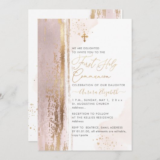 PixDezines H2 Blush Pink Erste heilige Kommunion I Einladung (Vorne/Hinten)