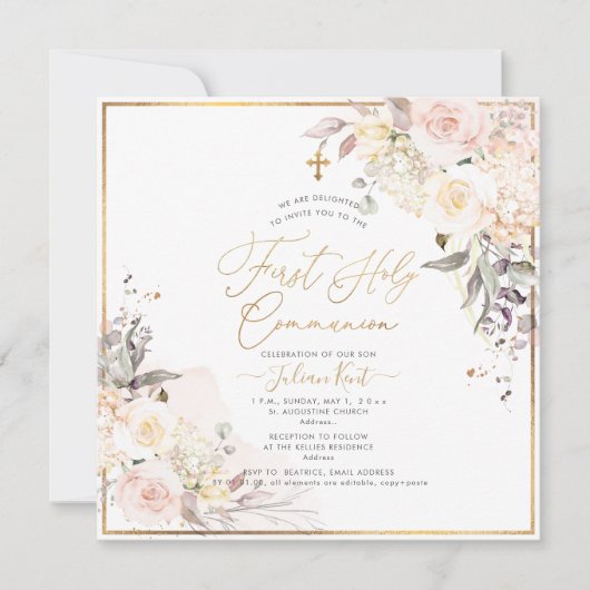 PixDezines H2 Blush Rose Erste Heilige Kommune Einladung (Vorderseite)