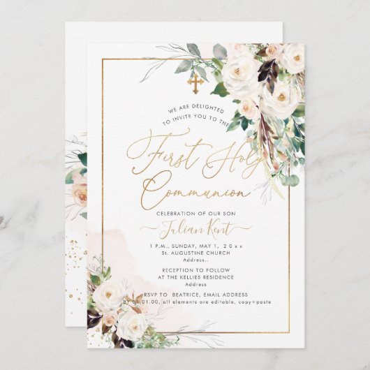 PixDezines H2 Blush Rose Erste Heilige Kommune Einladung (Vorne/Hinten)