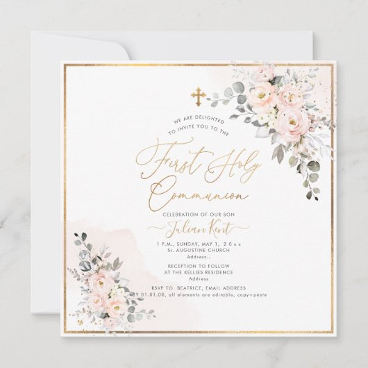 PixDezines H2 Blush Rose Erste Heilige Kommune Einladung (Vorderseite)