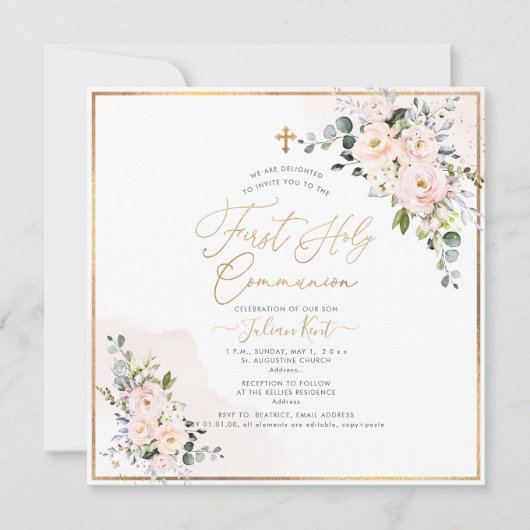 PixDezines H2 Blush Rose Erste Heilige Kommune Einladung (Vorderseite)