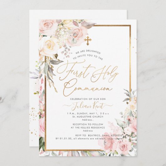 PixDezines H2 Blush Rose Erste Heilige Kommune Einladung (Vorne/Hinten)