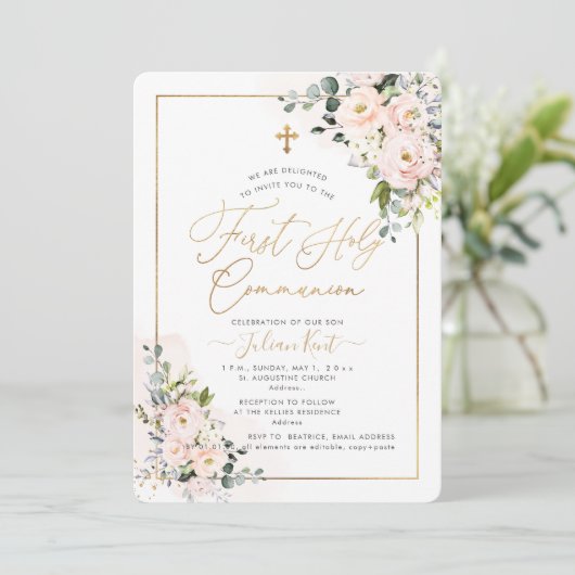 PixDezines H2 Blush Rose Erste Heilige Kommune in Einladung (Stehend Vorderseite)