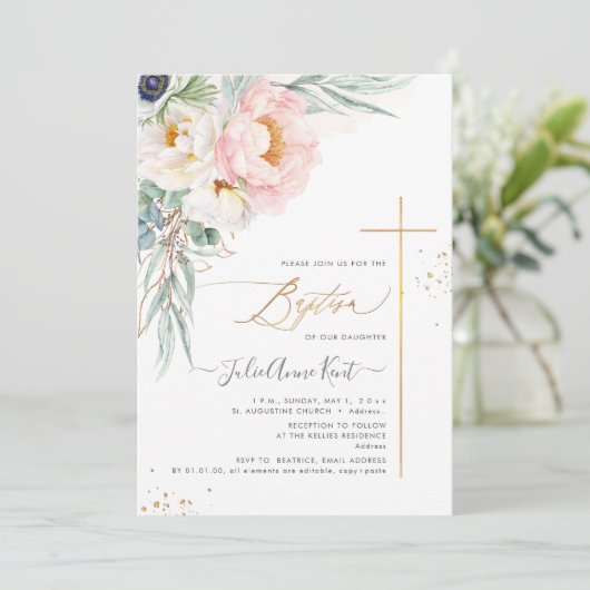 PixDezines H2 Blush White Peonies Taufe Einladung (Stehend Vorderseite)