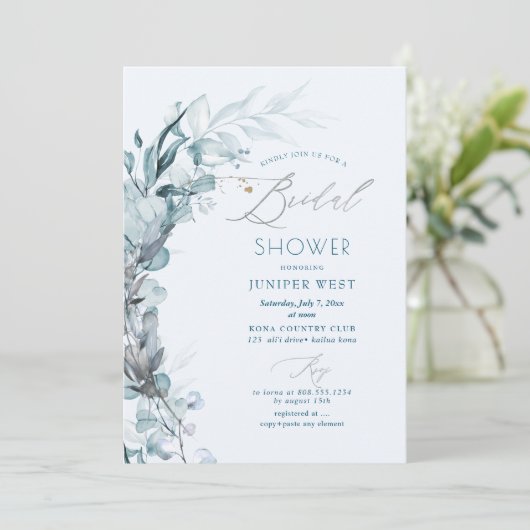 PixDezines H2 Dusty Blue Eucalyptus Brautparty Einladung (Stehend Vorderseite)