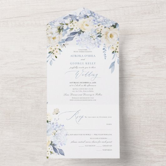 PixDezines H2 Dusty Blue Flowers Rose Hydrangea All In One Einladung (Innen)