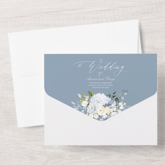 PixDezines H2 Dusty Blue Flowers Rose Hydrangea All In One Einladung (Rückseite)