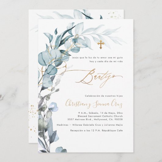 PixDezines H2 Dusty Blue Gum Eucalyptus Bautizo Einladung (Vorne/Hinten)