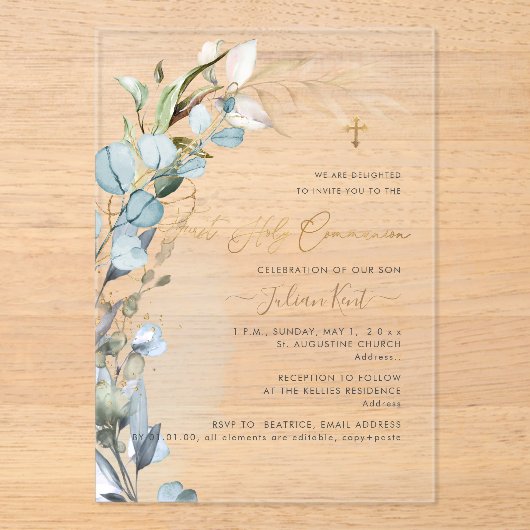 PixDezines H2 Dusty Blue Gum Foliage Communion  Acryleinladungen (Vorderseite)