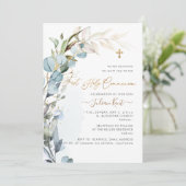 PixDezines H2 Dusty Blue Gum Foliage Communion Einladung (Stehend Vorderseite)