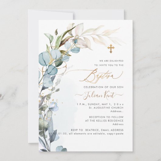 PixDezines H2 Dusty Blue Gum Foliage Taufe Einladung (Vorderseite)