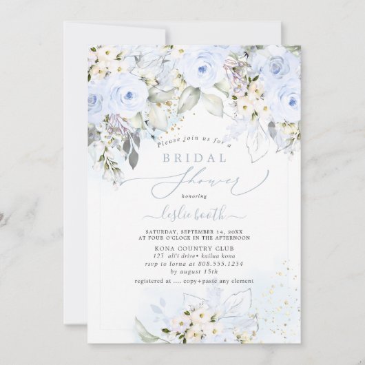 PixDezines H2 Dusty Blue Rose Brautparty Einladung (Vorderseite)