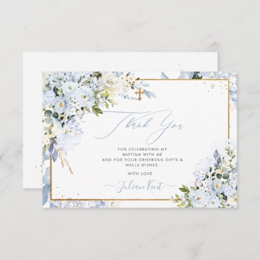 PixDezines H2 Dusty Blue Rose Taufe Vielen Dank Einladung (Vorne/Hinten)