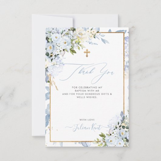 PixDezines H2 Dusty Blue Rose Taufe Vielen Dank Einladung (Vorderseite)