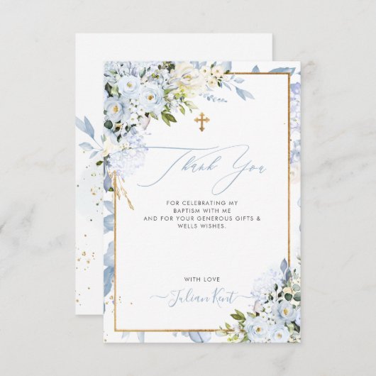 PixDezines H2 Dusty Blue Rose Taufe Vielen Dank Einladung (Vorne/Hinten)