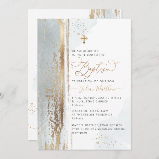 PixDezines H2 Dusty Blue Taufe Einladung (Vorne/Hinten)