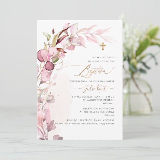 PixDezines H2 Dusty Blush Gum Foliage Taufe Einladung (Stehend Vorderseite)