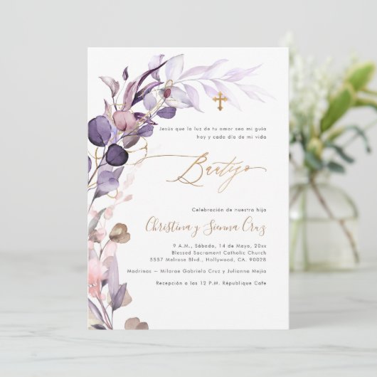 PixDezines H2 Dusty Lila Gum Eucalyptus Bautizo Einladung (Stehend Vorderseite)