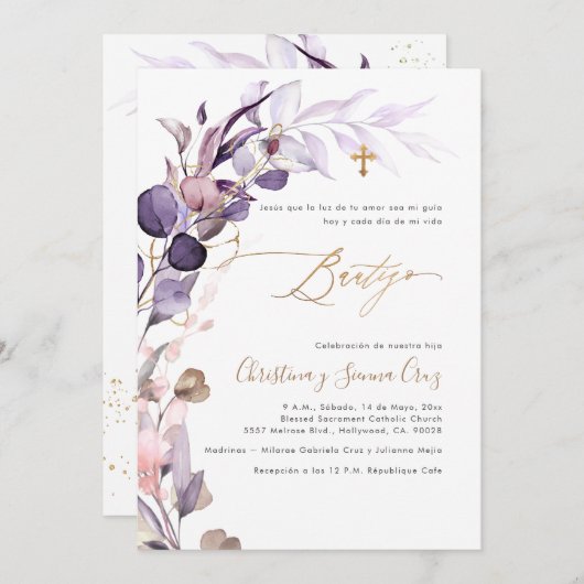 PixDezines H2 Dusty Lila Gum Eucalyptus Bautizo Einladung (Vorne/Hinten)